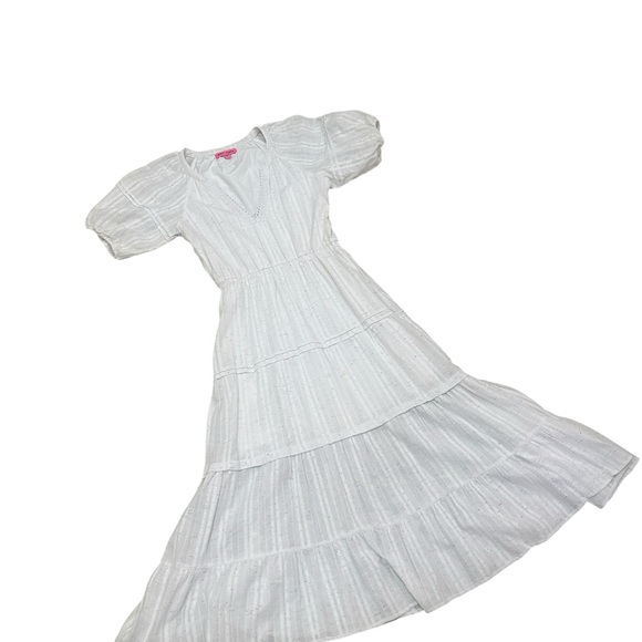 Betsey Johnson White Tiered V-Neck Midi Dress with Puff Sleeves size small - Picture 7 of 11